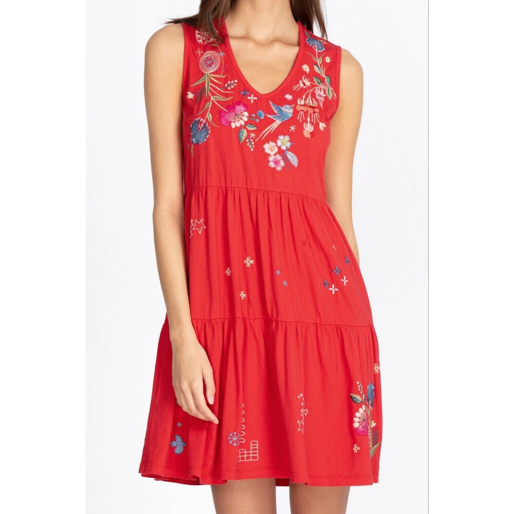 Johnny Was Cleo Tiered Embroidered Mini Sleeveless Dress Red Small